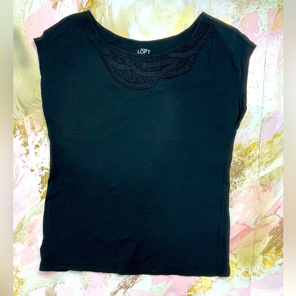 Loft black embellished neckline tee top L